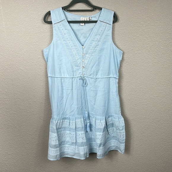 NWT Joie V Neck Ruffle Eyelet Dress Baby Blue Drawstring Waist Summer Sz M - Picture 1 of 10